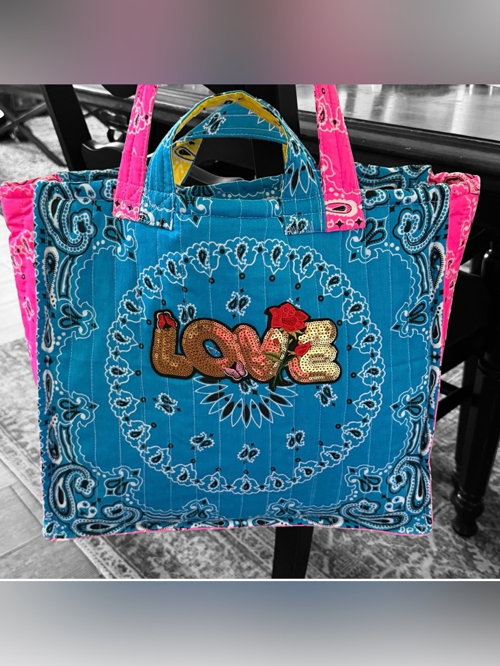 WHERE DID YOU GET THAT BAG Handmade Quilted Bandana Bag Turquoise & Pink - Picture 4 of 16